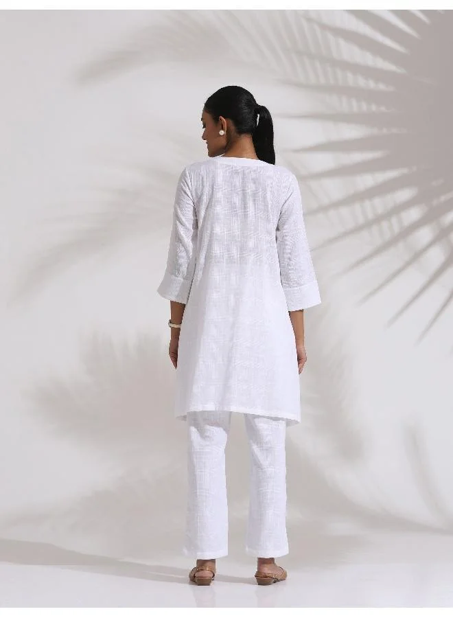 trueBrowns White Cotton Check Kurta Co-ord Set