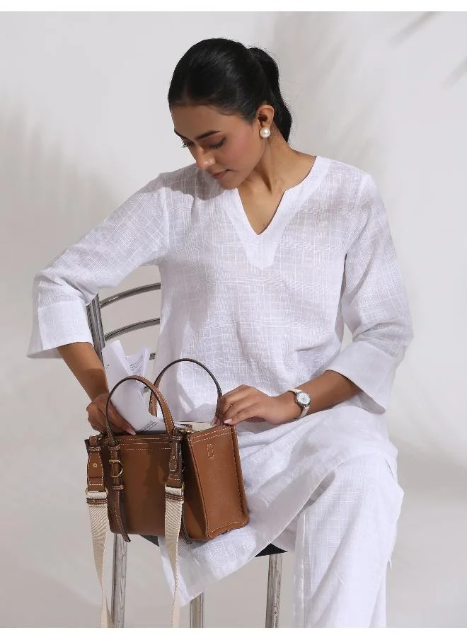 trueBrowns White Cotton Check Kurta Co-ord Set