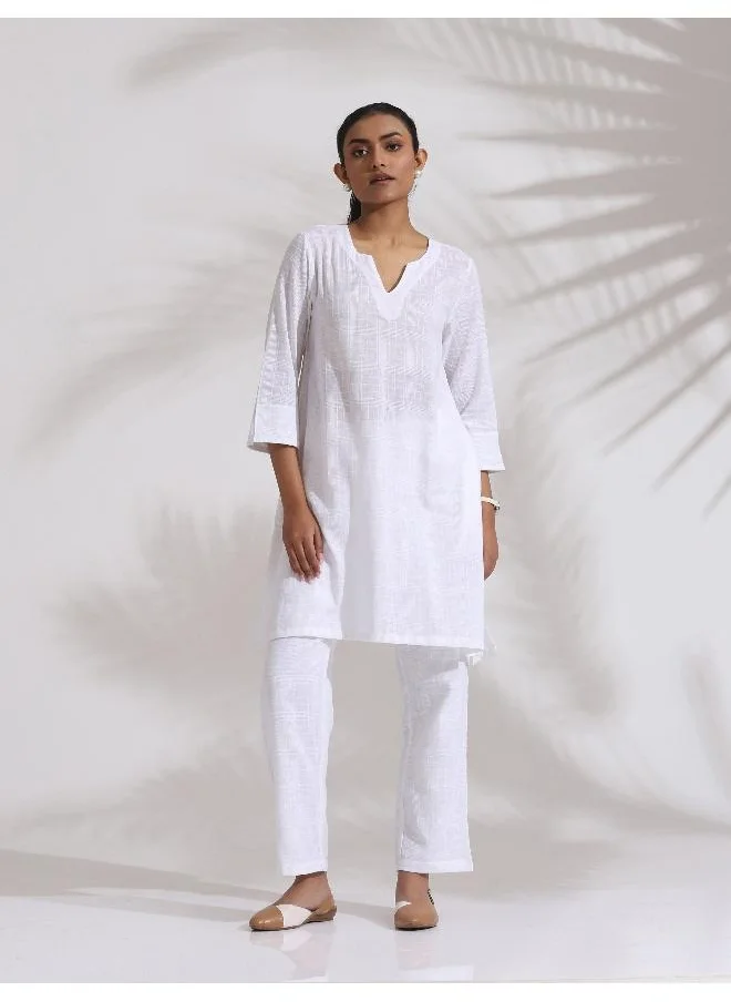 trueBrowns White Cotton Check Kurta Co-ord Set