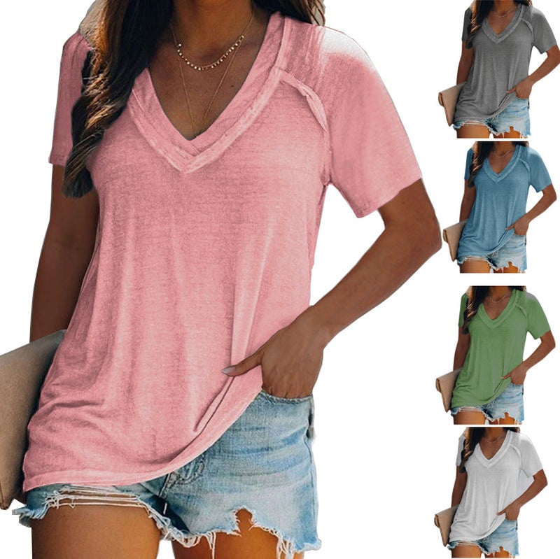 Women's Clothing 2022 Summer eBay Explosive Style European and American Loose Large Size Top Double Layer V-Neck Short Sleeve Women's T-Shirt black 5XL - Image 2