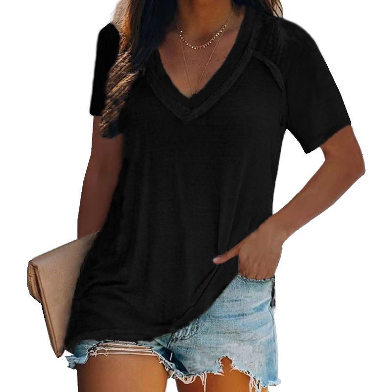 Women's Clothing 2022 Summer eBay Explosive Style European and American Loose Large Size Top Double Layer V-Neck Short Sleeve Women's T-Shirt black 5XL - Image 1