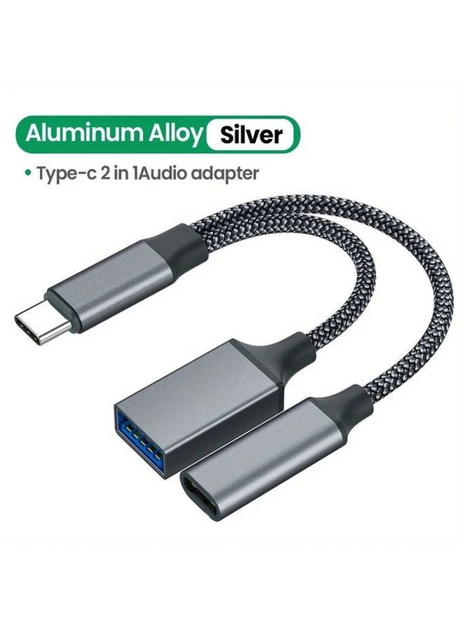 محول رمادي 2 في 1 من Type C إلى USB A مع تقنية OTG لنقل البيانات، مناسب لآيفون 15 و16 برو وماك بوك وسامسونج وهواوي وشاومي مع كابل شحن سريع - Image 1