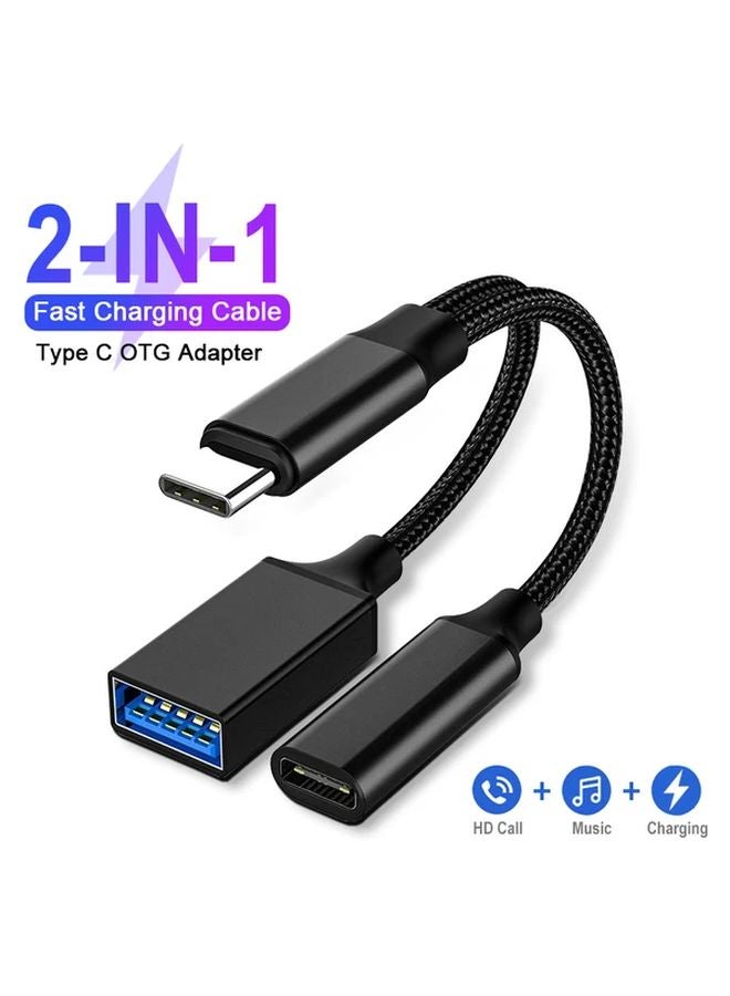 محول رمادي 2 في 1 من Type C إلى USB A مع تقنية OTG لنقل البيانات، مناسب لآيفون 15 و16 برو وماك بوك وسامسونج وهواوي وشاومي مع كابل شحن سريع - Image 2