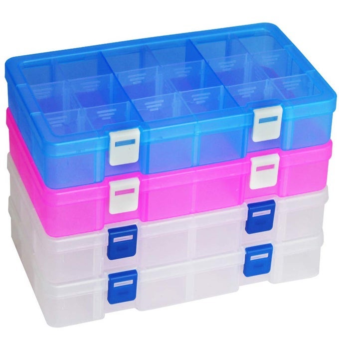 PLASTIC ORGANIZER CONTAINER STORAGE BOX ADJUSTABLE DIVIDER REMOVABLE GRID COMPARTMENT FOR JEWELRY BEADS EARRING TOOL FISHING HOOK SMALL ACCESSORIES18 GRIDS 2WHITEPINKBLUE