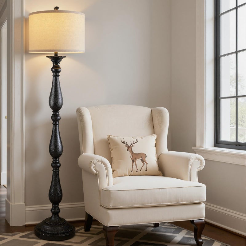 PARTPHONER Vintage Floor Lamp for Living Room, Rustic Farmhouse Standing Lamp with Rotary Switch and Linen Shade, Retro Resin Floor Lamp for Bedroom, Corner, Dining Room, House Decor, Black - Image 1