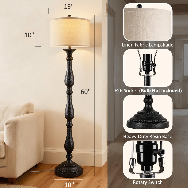 PARTPHONER Vintage Floor Lamp for Living Room, Rustic Farmhouse Standing Lamp with Rotary Switch and Linen Shade, Retro Resin Floor Lamp for Bedroom, Corner, Dining Room, House Decor, Black - Image 2