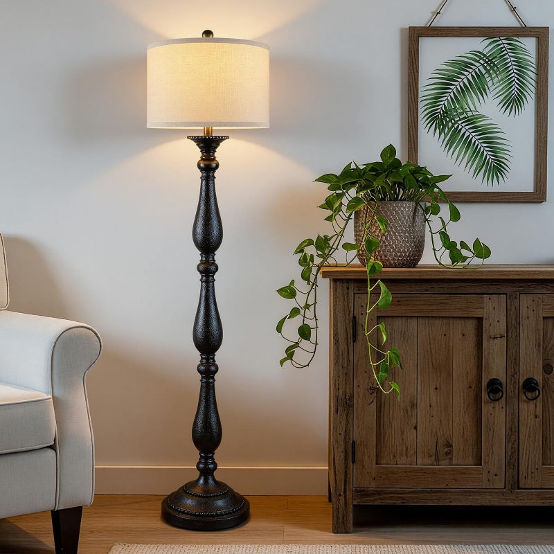 PARTPHONER Vintage Floor Lamp for Living Room, Rustic Farmhouse Standing Lamp with Rotary Switch and Linen Shade, Retro Resin Floor Lamp for Bedroom, Corner, Dining Room, House Decor, Black - Image 4