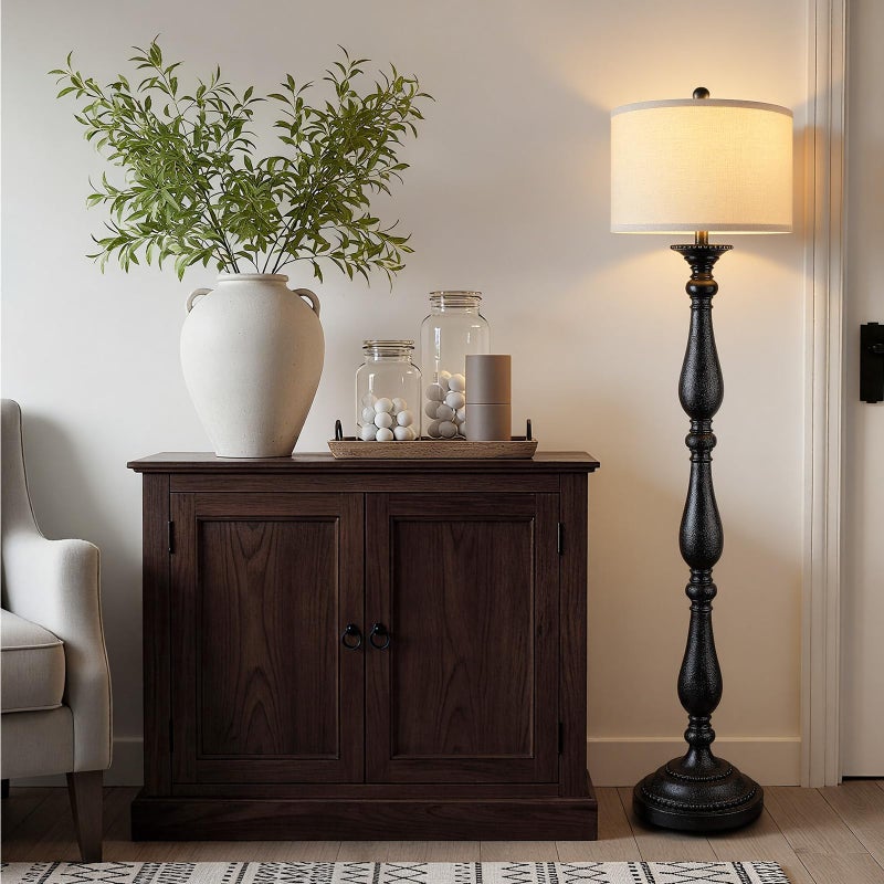 PARTPHONER Vintage Floor Lamp for Living Room, Rustic Farmhouse Standing Lamp with Rotary Switch and Linen Shade, Retro Resin Floor Lamp for Bedroom, Corner, Dining Room, House Decor, Black - Image 5