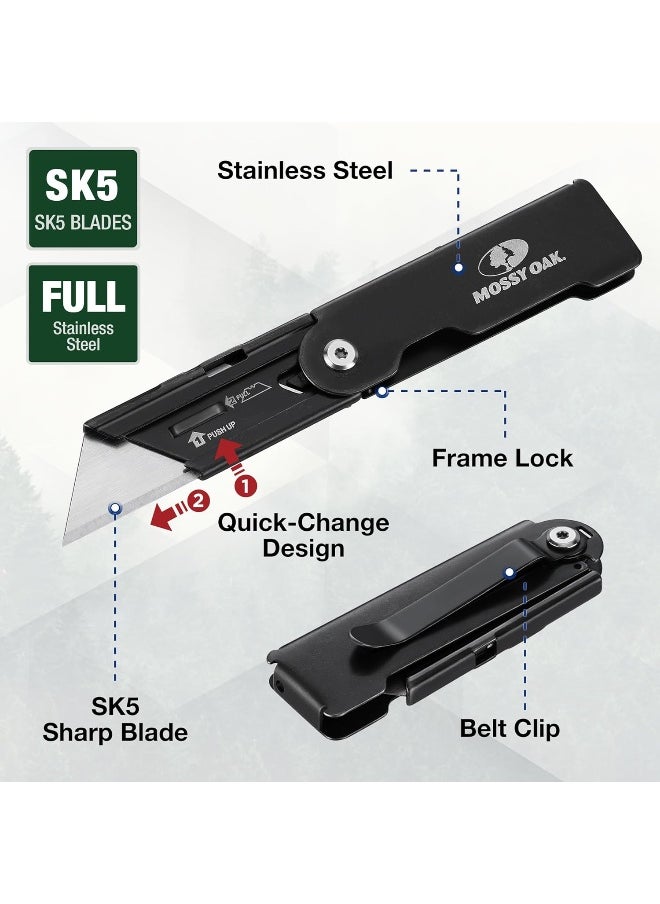 Mossy Oak - 2-Pack Folding Pocket Utility Knife Set, Quick Change Box Cutter With Frame Lock, Edc Foldable Razor Knife With Belt Clip, Stone Washed - Image 1