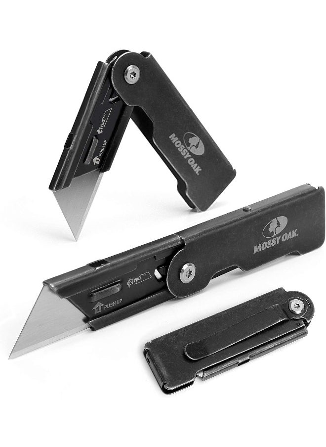 Mossy Oak - 2-Pack Folding Pocket Utility Knife Set, Quick Change Box Cutter With Frame Lock, Edc Foldable Razor Knife With Belt Clip, Stone Washed - Image 1