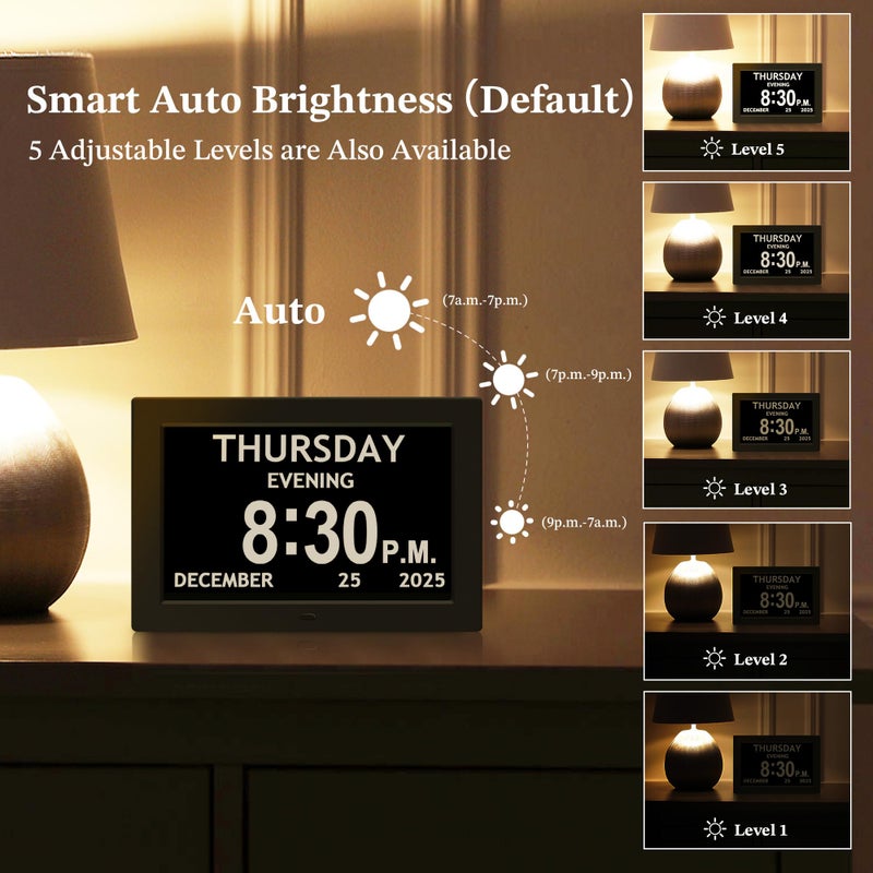 FLYRUIT 10.1'' Extra Large Digital Clock, 1280*800p HD Display, Dementia Clock For Seniors, Digital Clock With Date, Time, Day Of Week, 10 Reminders & 6 Alarms, Auto Dimming & DST, Remote Control, Black - Image 5