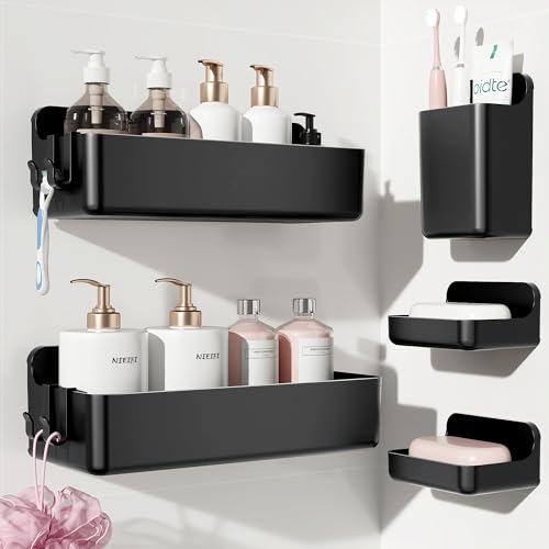 Nieifi Adhesive Wall Shelf Shower Shelves 5 Pack with Soap Holder Shower Organizer for Bathroom Organization Black - Image 1
