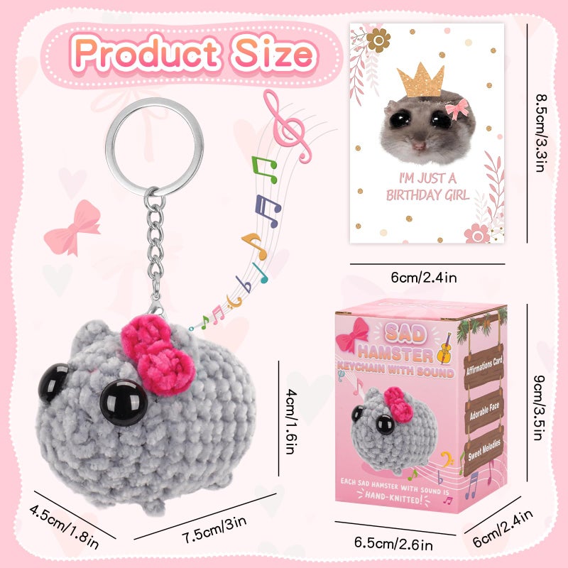 Dalycro Tiktok Sad Hamster Meme Bow Keychain with Sound Upgrade Hand-Knitted Sad Hamster Plush with Gift Box & Card for Women Birthday Christmas - Image 2