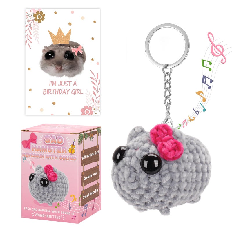 Dalycro Tiktok Sad Hamster Meme Bow Keychain with Sound Upgrade Hand-Knitted Sad Hamster Plush with Gift Box & Card for Women Birthday Christmas - Image 1