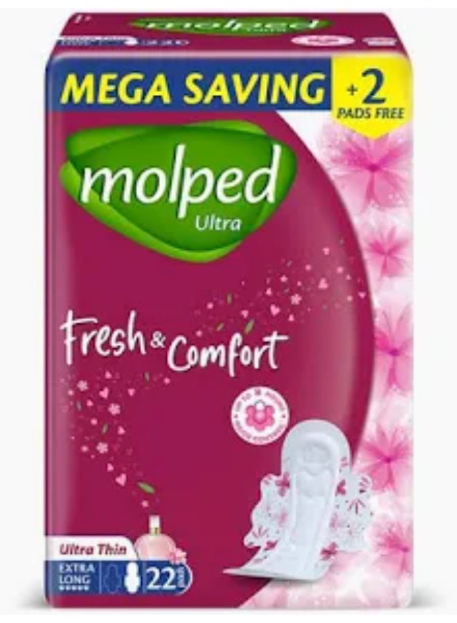 Molped Ultra Thin Fresh Comfort Sanitary Pads, Extra Long, 22 Pieces