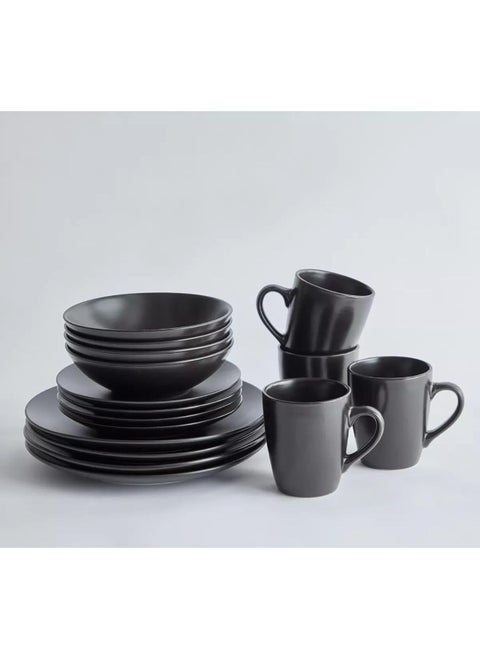 16 Piece Stoneware Dinner Set With 4 X 27 Cm Dinner Plate, 4 X 20 Cm Side Plate, 4 X 15 Cm X 6 Cm Bowls, 4X 415 Ml Mugs , Serves 4 For Everyday Use, Black