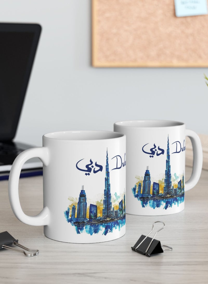 كوب قهوة سيراميكي بدبي، سعة 11 أونصة، هدية مميزة تحمل شعار حب دبي، مستوحاة من الثقافة العربية والإماراتية. - Image 4