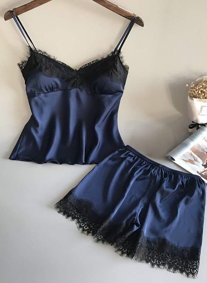 MARGOUN Women Satin Cami Top and Short Set 2-Piece Lingerie Pajama Set Nightwear Sleepwear Lounge Pjs Set Large Blue /L(bust:84/waist:68)  - Image 2