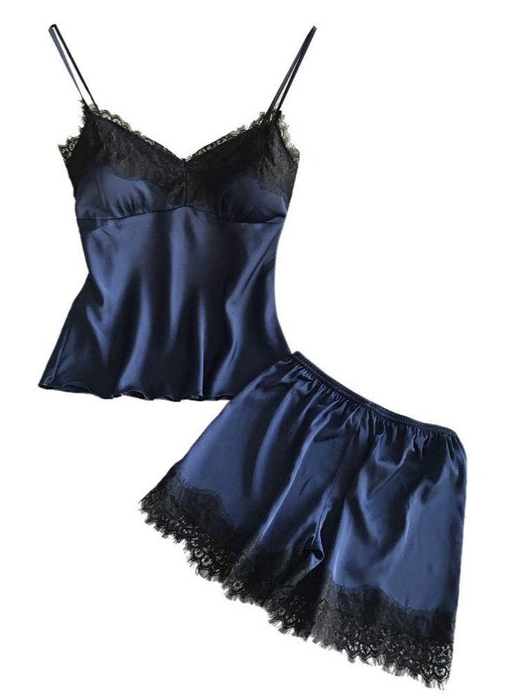 MARGOUN Women Satin Cami Top and Short Set 2-Piece Lingerie Pajama Set Nightwear Sleepwear Lounge Pjs Set Large Blue /L(bust:84/waist:68)  - Image 1