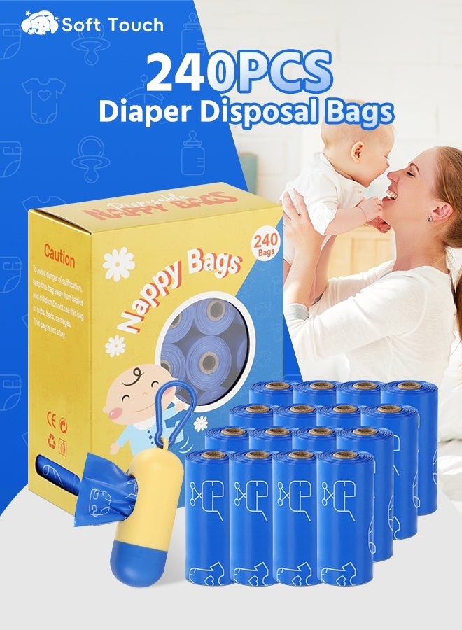 Soft Touch 240PCS Diaper Disposal Bags, 16 Rolls Portable Diaper Sack, Disposable Bag for Babies, Baby Poop Bag, Infant Nappy Bags, Diaper Garbage Bag with Dispenser, Convenient and Quick Diaper Disposal Essential for Travel - Image 1