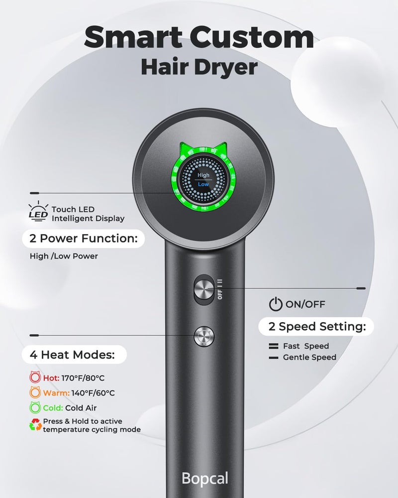 Bopcal Ionic Hair Dryer, 160000 RPM Brushless Motor, Smart Thermo-Control, Negative Ion Fast Drying, Quiet Lightweight Blow Dryer, Cold Air & 4 Heat Settings, for Home Travel Salon, Black - Image 4