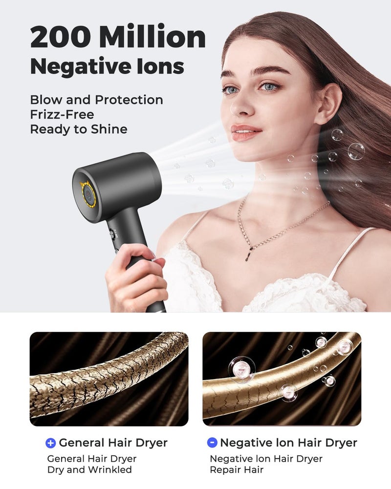 Bopcal Ionic Hair Dryer, 160000 RPM Brushless Motor, Smart Thermo-Control, Negative Ion Fast Drying, Quiet Lightweight Blow Dryer, Cold Air & 4 Heat Settings, for Home Travel Salon, Black - Image 3