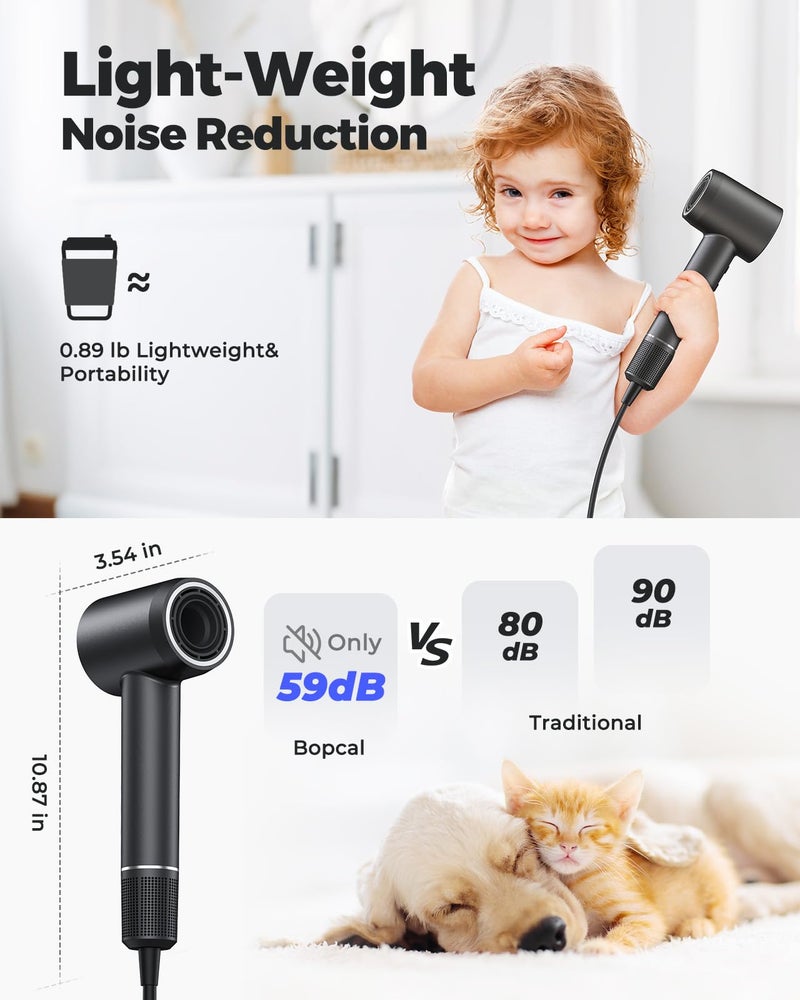 Bopcal Ionic Hair Dryer, 160000 RPM Brushless Motor, Smart Thermo-Control, Negative Ion Fast Drying, Quiet Lightweight Blow Dryer, Cold Air & 4 Heat Settings, for Home Travel Salon, Black - Image 5