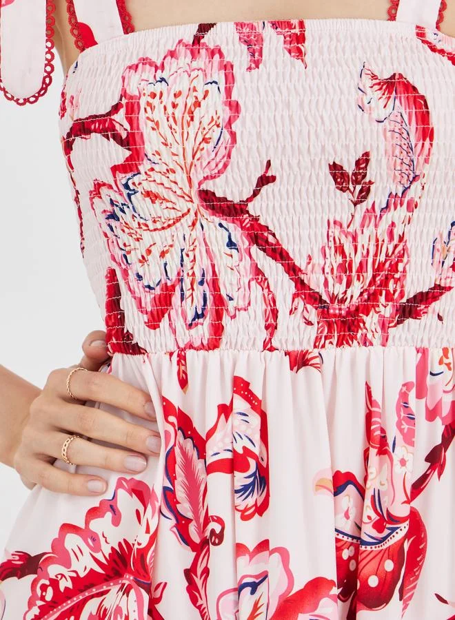 Take Two Take Two Floral Print Smocking Detail Strappy Tiered Midi Dress