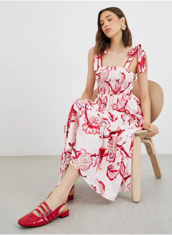 Take Two Take Two Floral Print Smocking Detail Strappy Tiered Midi Dress