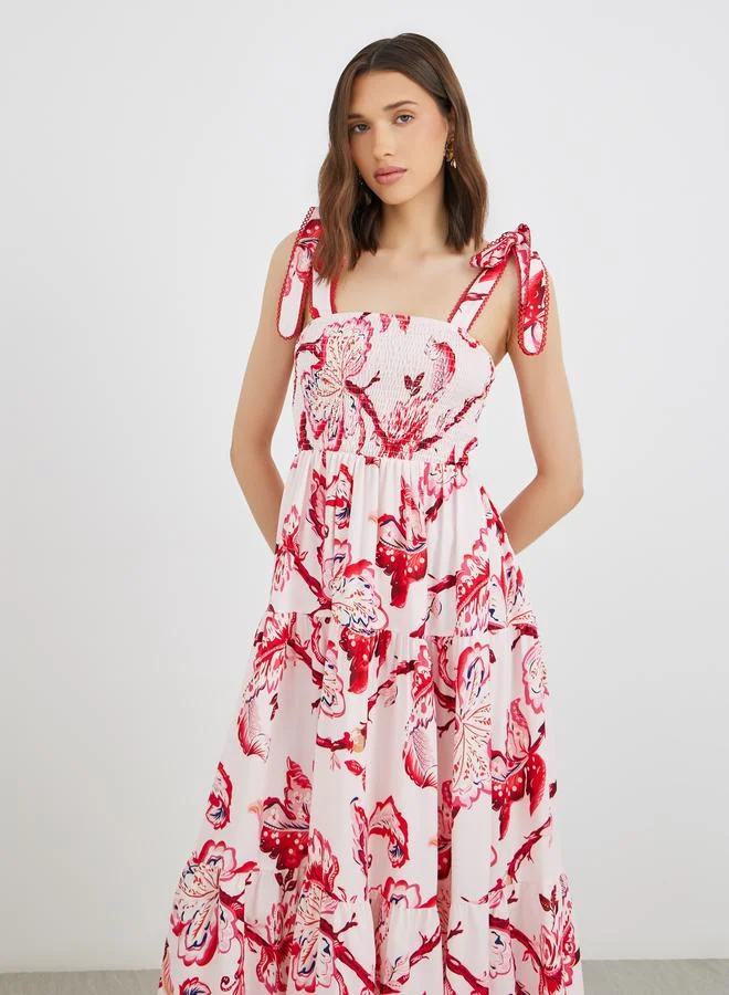 Take Two Take Two Floral Print Smocking Detail Strappy Tiered Midi Dress