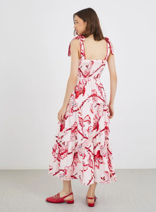 Take Two Take Two Floral Print Smocking Detail Strappy Tiered Midi Dress