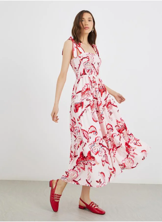 Take Two Take Two Floral Print Smocking Detail Strappy Tiered Midi Dress