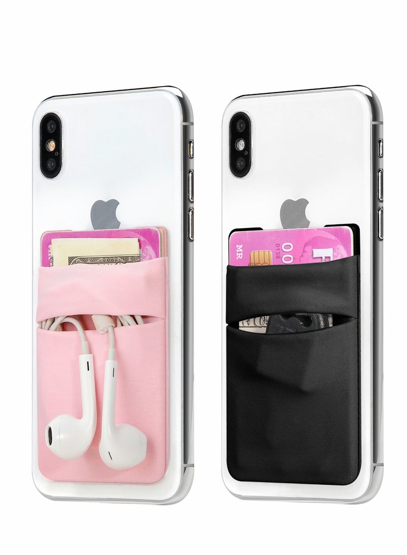 Excefore Phone Card Holder, Cell Wallet Stretchy Double Lycra Holder for Back of Stick on ID Credit Card, Business Pocket Sleeve All Smartphones, Black Pink - Image 1