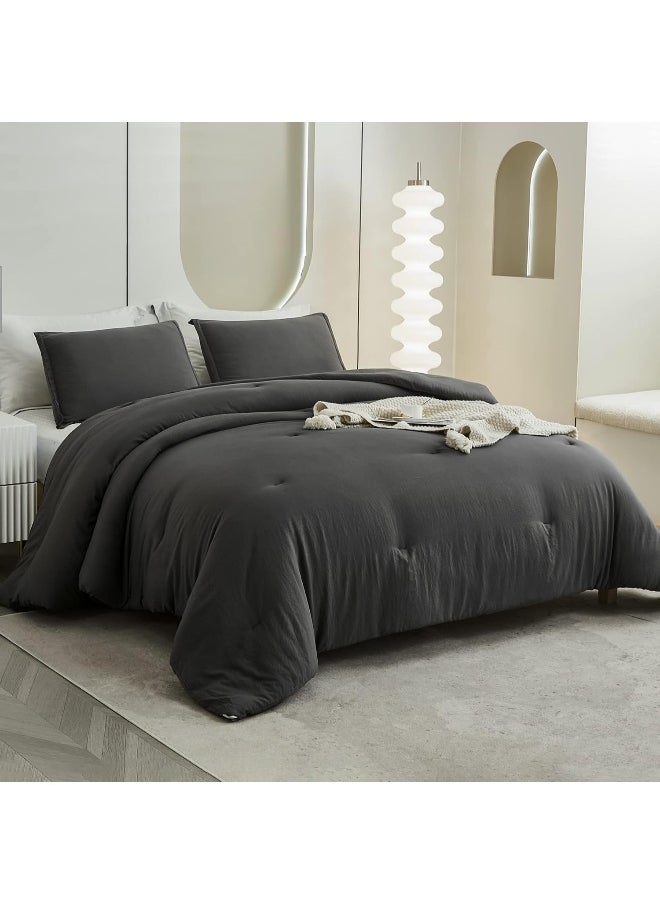 Litanika Grey Comforter King Size Set  Dark Gray Lightweight Plain Bedding Comforters Sets  All Season Fluffy Bed Set (104x90In Comforter & 2 Pillowcases)