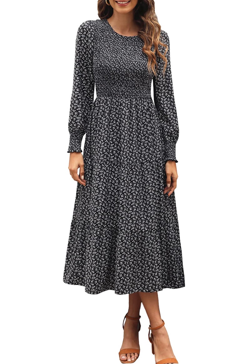 Zattcas Flowy Church Dresses for Women 2025 Casual Floral Long Puff Sleeve Smocked Tiered Midi Dress Fall Winter Maternity Wedding Guest Dress Black L