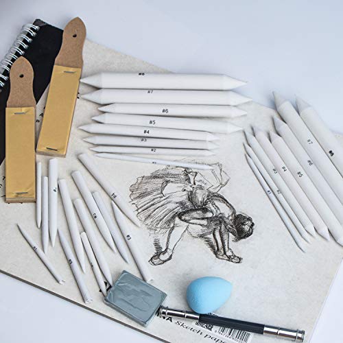 KOOTIKO 33 Pcs Blending Stumps and Tortillions Paper Art Blenders Drawing with Sandpaper Pencil Sharpener Extension Kneaded Eraser Rubbing Sponge for Student Artist Charcoal Sketch Drawing Tool - Image 2