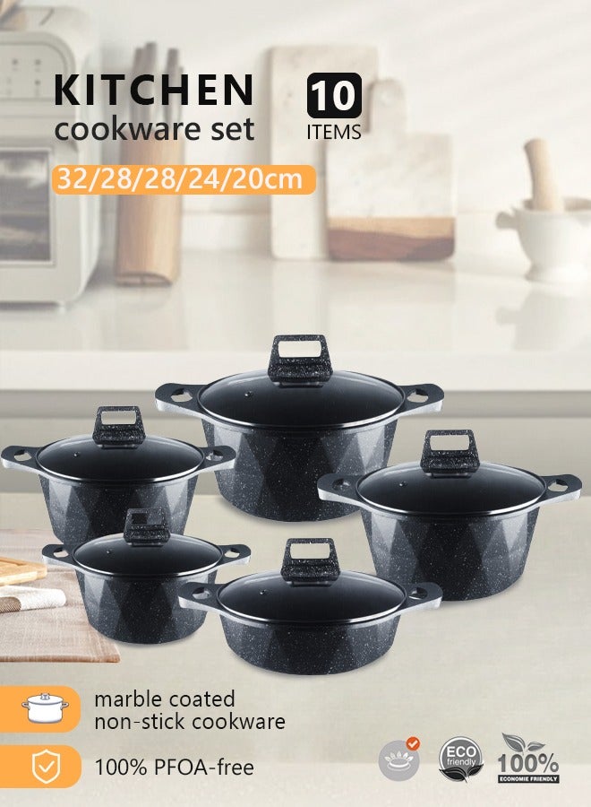 HK 10-Piece Kitchen Cookware set, Casserole Set And Frying Pan With Non Stick Cookware sets ,Finish Glass lid PFOA-Free  20-24-28-32 cm (Deep Stockpot) + 28 cm (shallow Stockpot)（Black） - Image 1