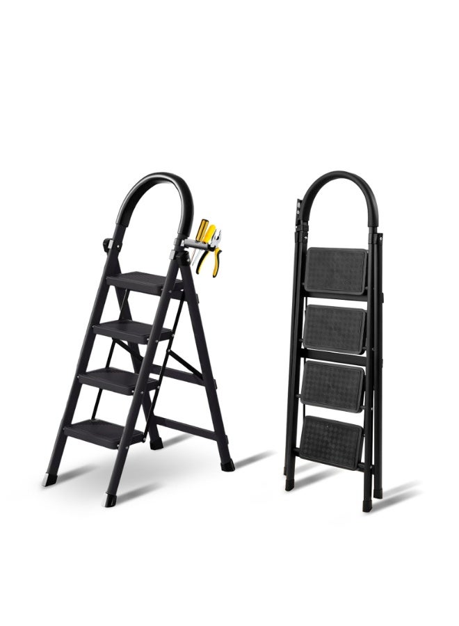 سلم درج قابل للطي مع حامل أدوات، هيكل حديد قوي، درجات عريضة مانعة للانزلاق، قواعد مطاطية لحماية الأرضية، خفيف وسهل التخزين للاستخدام المنزلي داخل/خارج المنزل، يتحمل 110 كجم