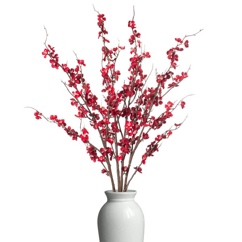 Ammyoo 4Pcs Cherry Blossom Branches Artificial Flowers for Spring Summer Indoor DecorationFaux Long Stem Artificial Flowers for Wedding Home Office Bedroom Party Table Centerpieces DecorRed