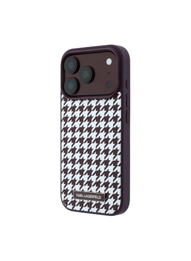 Karl Lagerfeld MagSafe iPhone 18 Pro/iPhone 17 Pro Case Smooth PU Leather Houndstooth Hard Cover with Resin Logo for iPhone