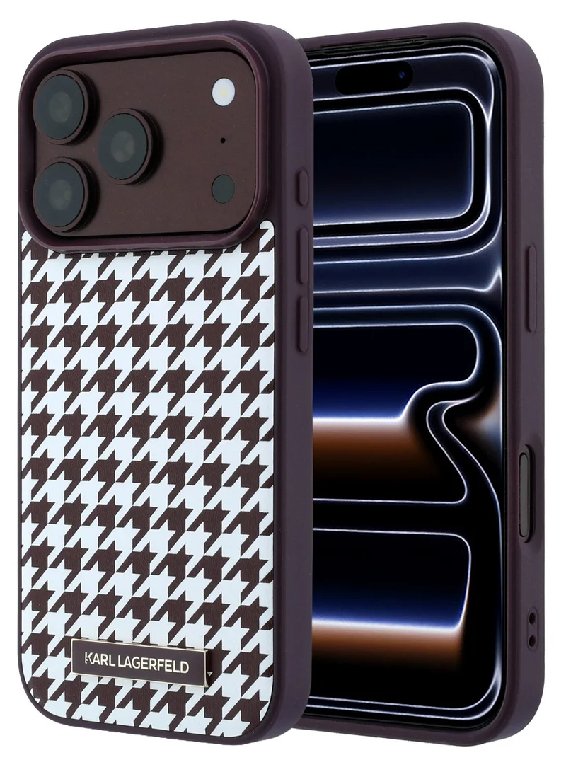 Karl Lagerfeld MagSafe iPhone 18 Pro/iPhone 17 Pro Case Smooth PU Leather Houndstooth Hard Cover with Resin Logo for iPhone