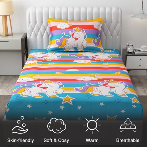 FRESH FROM LOOM شراشف سرير قطن جليد خالية من التجاعيد ناعمة ومضادة للحساسية | شراشف سرير مفرد مطبوعة برسوم كرتونية للأطفال مع 1 غطاء وسادة (60X90 بوصة/وحيد القرن/غرفة الأولاد والبنات)، 144 tc، متعددة الألوان - Image 5