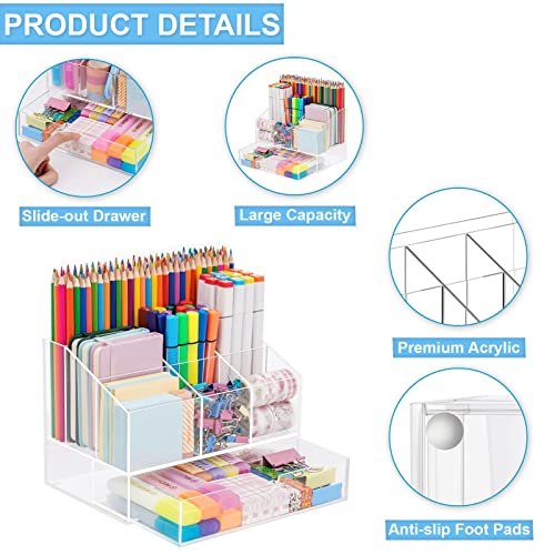 VITVITI Acrylic Desk Organizer, Clear Pencil Organizer for Desk, Multifunctional Desktop Stationary Pen Organizer, 8 Compartment Storage with Drawer, for Office/A4 Paper/Art Supply - Image 2