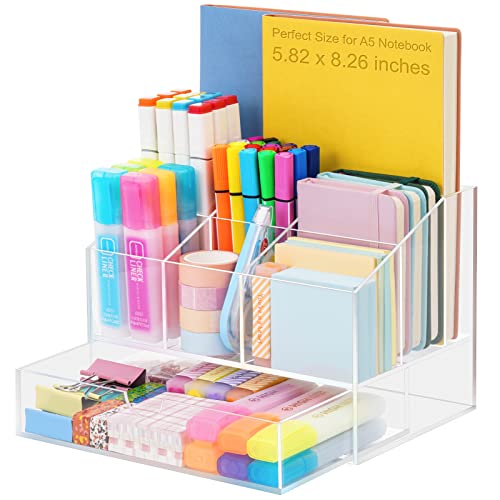VITVITI Acrylic Desk Organizer, Clear Pencil Organizer for Desk, Multifunctional Desktop Stationary Pen Organizer, 8 Compartment Storage with Drawer, for Office/A4 Paper/Art Supply - Image 1