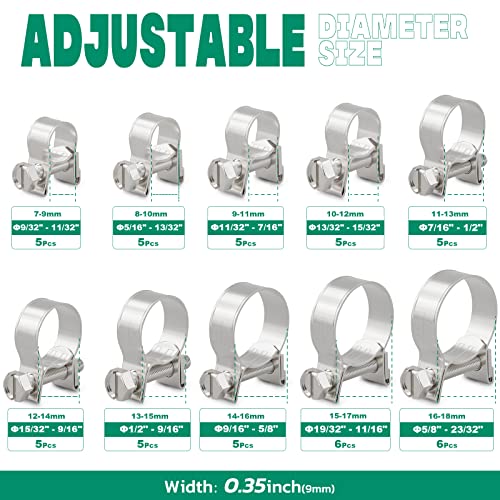 OURU 52PCS Fuel Line Clamp Assortment Kit 304 Stainless Steel,10 Sizes Adjustable 9/32"-23/32" Dia (7-18mm) Mini Fuel Injection Gas Line Hose Clamps,Pipe Clamp for Automotive,Diesel Petrol Pipe - Image 2