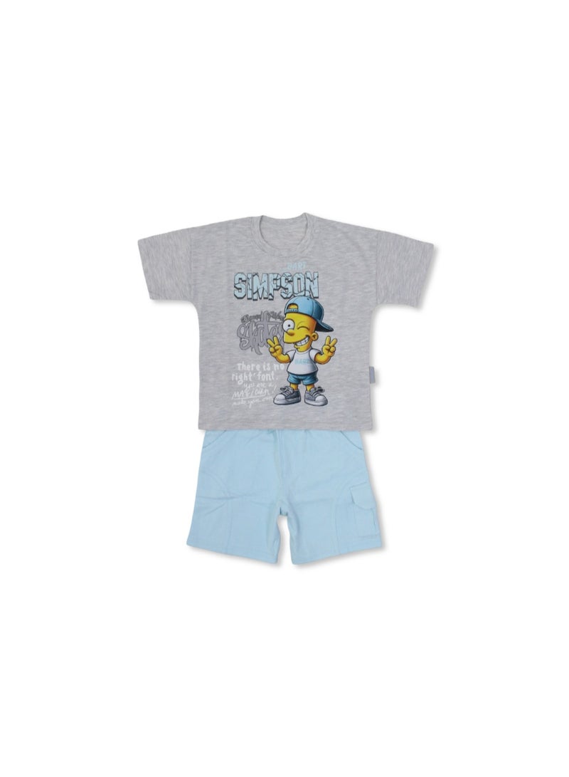 دريم بيجاما قطنية قصيرة الأكمام للأولاد - لون أزرق مائي ورمادي بطبعة جزئية لشخصية سيمبسون - Image 1