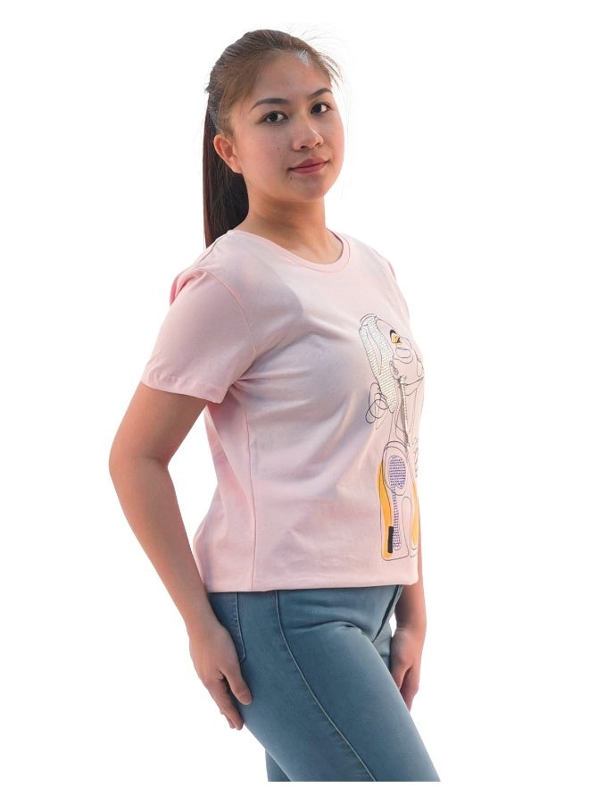 JOANNA W203016 Women's Sad Lady Print Round Neck Short Sleeve T-Shirt - Pink - Image 2