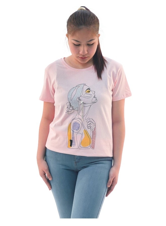 JOANNA W203016 Women's Sad Lady Print Round Neck Short Sleeve T-Shirt - Pink - Image 1