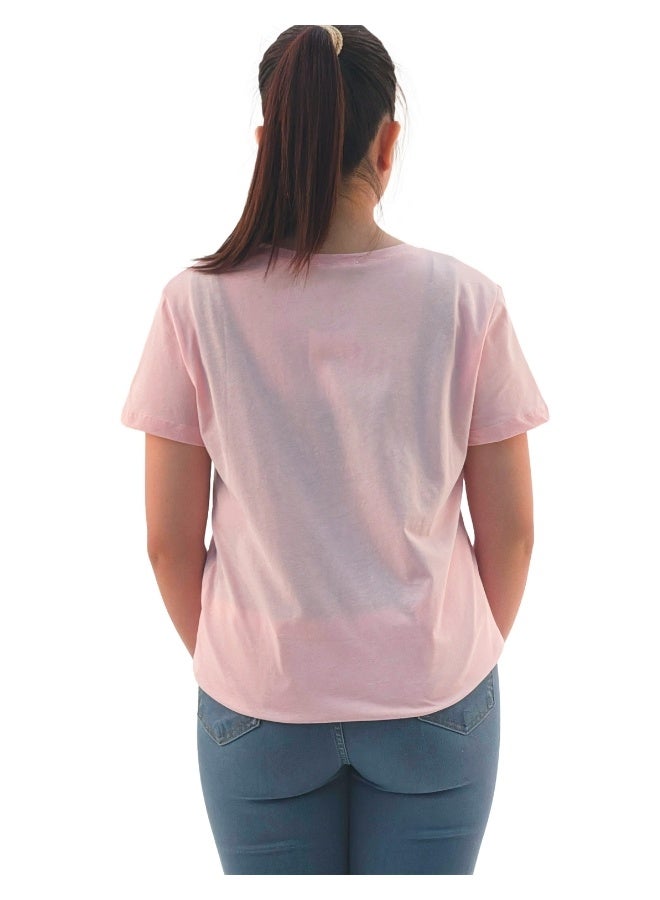 JOANNA W203016 Women's Sad Lady Print Round Neck Short Sleeve T-Shirt - Pink - Image 3