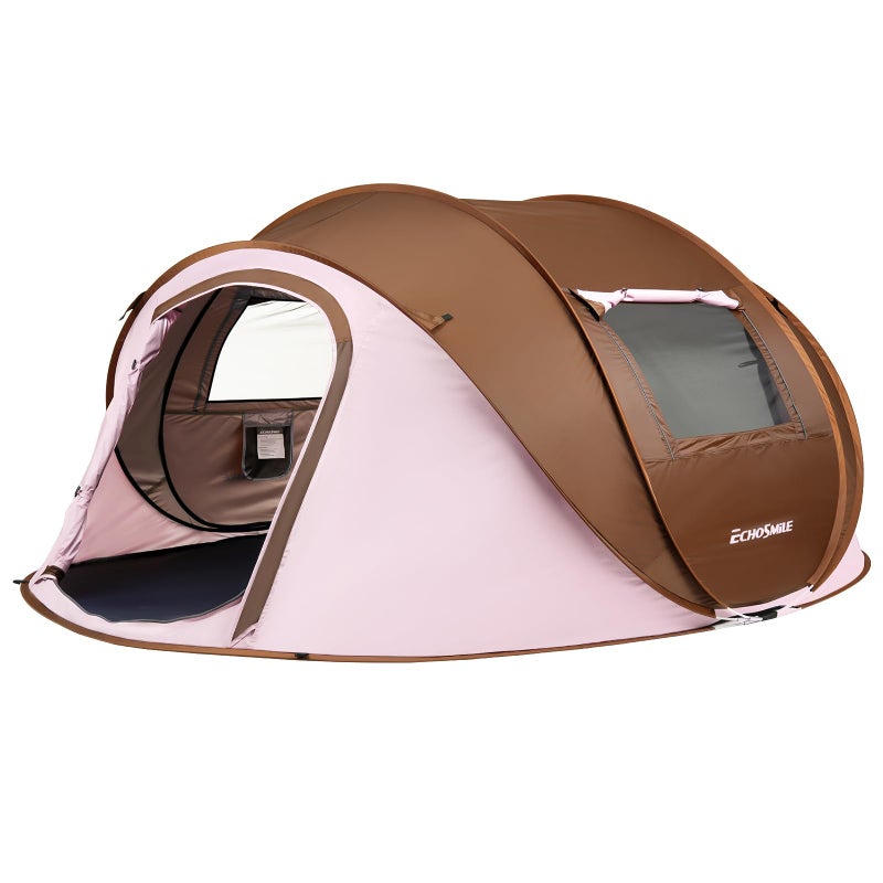 EchoSmile Instant Pop Up Camping Tent, 4 Person Easy Setup Tent, Water Resistant Dome, Portable with Carry Bag,Pink & Brown - Image 1